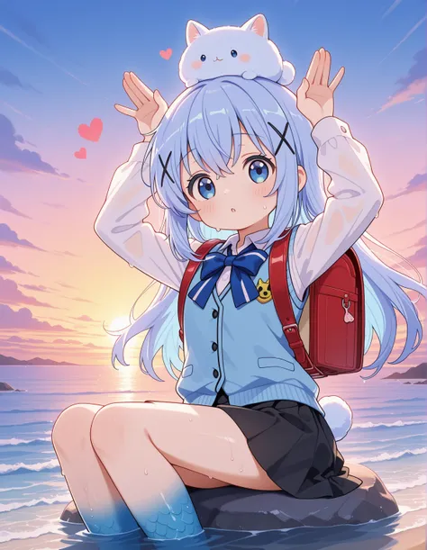 1girl, blue eyes, chino_kafu, periwinkle colored hair, tiny, cute, innocent, long hair, hair ornament, blue hair, rabbit pose, mermaid, light blue tail, sitting on rock, beach, middle of sea, partially submerged, wet, sunset, looking at viewer, skirt, on h...