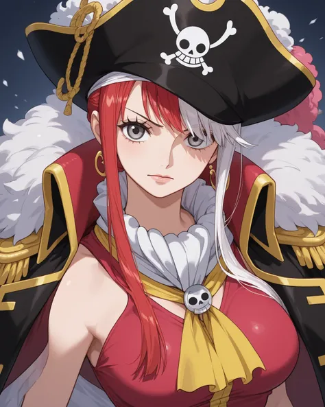 1 white hair girl with red locks and silver eyes from One Piece Pirates with a samurai with long red hair 