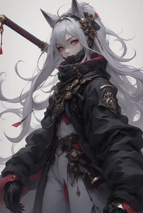  live-action、  Tensho eru Kuroboshi Savia   、Female ninja who lives freely、Animal Ears、 let your long silver ponytail take hold、Black Dragon Ninja Clothes、Equip yourself with the golden dagger、 sleeves and pants are white、20-year-old woman、black cloak with...