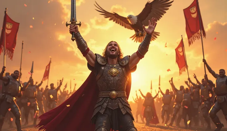 Illustrate a joyful warrior standing triumphantly on a battlefield at sunrise, raising their sword high in victory. Their armor gleams in the golden light, battle scars marking their strength, but their face radiates happiness and pride. Behind them, a gro...