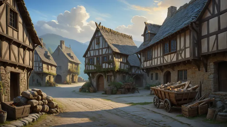 (in the center is an old medieval stone-wooden big house with empty windows close-up), [ dirty medieval street ancient], firewood piled up , old broken cart on the side of the road ,  Sunrise in a small medieval village. (in the sky — a blue comet ),  smal...