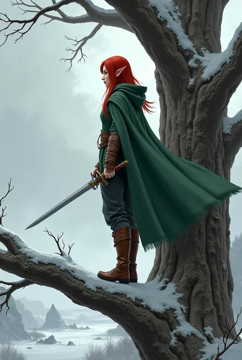 Female elf, red straight hair, ranger, using a green hoodie, brown leather long boots, with a short sword, standing on a great tree branch in a tundra  landscape 