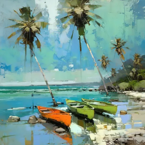 painting of TWO CANOES IN THE SAND OF A CALM BAY...((COCONUT TREES)) SAILBOATS IN THE BACKGROUND... , .USE EARTH COLORS, OCHRES, GREEN. BLUE.., (((SALMON))DARK YELLOW, SALMON...painting, , jeremy mann style, art by jeremy mann, painting by jeremy mann, art...