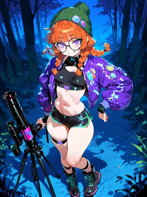 (NSFW, masterpiece, best quality, amazing quality, very aesthetic), \(rocks, forest, night\), 1girl, solo, \(orange hair, purple eyes, Messy Twin Braids with Curtain Bangs hairstyle, glasses, freckles, small breasts, black Crop Top, Boots, Cyber Goth Arm W...