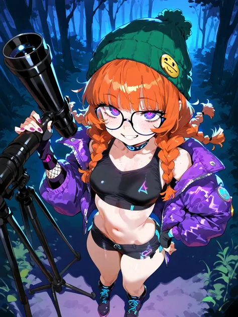 (NSFW, masterpiece, best quality, amazing quality, very aesthetic), \(rocks, forest, night\), 1girl, solo, \(orange hair, purple eyes, Messy Twin Braids with Curtain Bangs hairstyle, glasses, freckles, small breasts, black Crop Top, Boots, Cyber Goth Arm W...