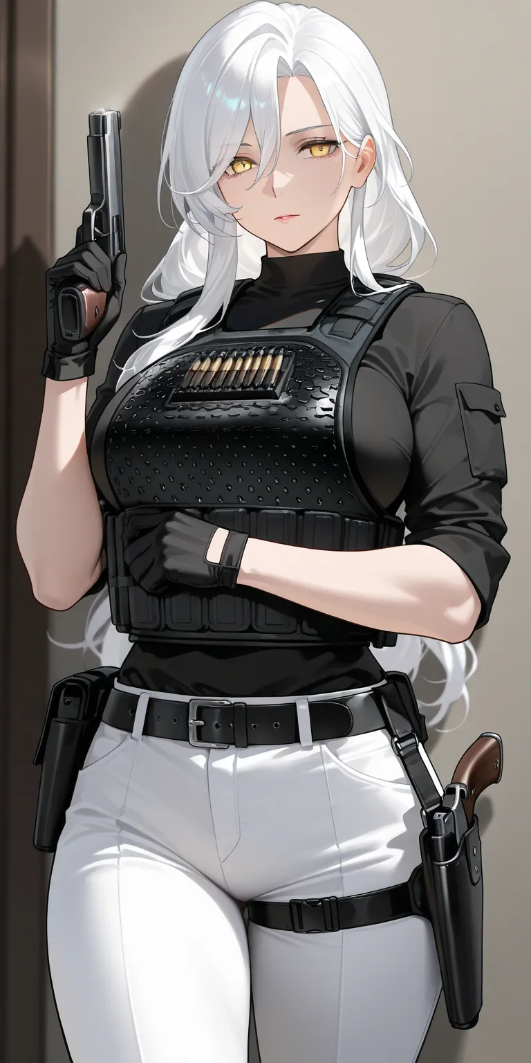 Mature female, white hair, long hair, yellow eyes, black shirt, white pants, bullet proof vest, black belt, black gloves, pistol, holster