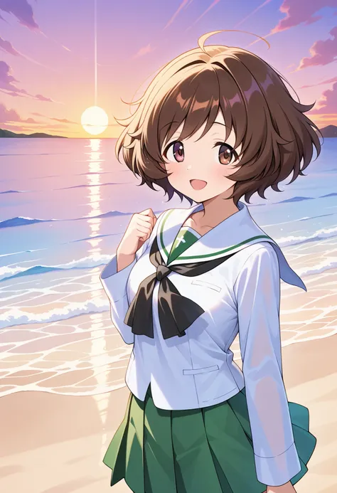  high res,  best quality,  Super Quality  ,  one girl、solo、Akiyama Yukari 、 short hair、 bouncing hair、Uniform up、 ( Oarai school uniform :1.3),White sailor collar,  black neckerchief ,  white shirt,  Long Sleeve  , Green Skirt 、 outdoor、sea、White Beach,sun...