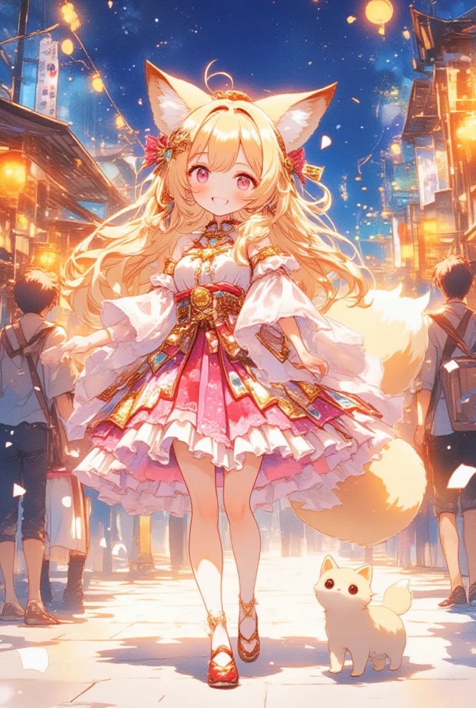 watercolor, cute, fox ears, fox tail, As the lively shrine festival continues at night, a beautiful fox spirit in a frilly outfit joyfully walks around. Her attire, adorned with pink and white frills, flutters elegantly, and her golden accessories shimmer ...