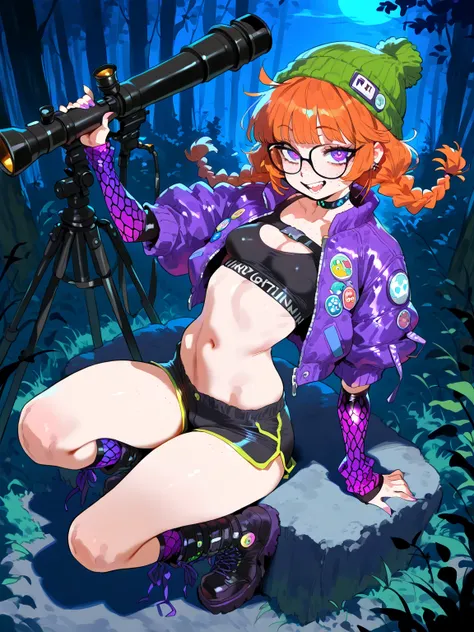 (NSFW, masterpiece, best quality, amazing quality, very aesthetic), \(rocks, forest, night\), 1girl, solo, \(orange hair, purple eyes, Messy Twin Braids with Curtain Bangs hairstyle, glasses, freckles, small breasts, black Crop Top, Boots, Cyber Goth Arm W...