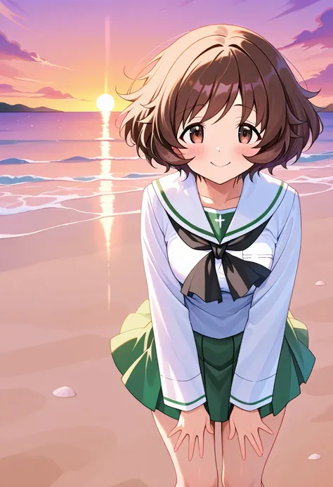  high res,  best quality,  Super Quality  ,  one girl、solo、Akiyama Yukari 、 short hair、 bouncing hair、smile、blush、Uniform up、 ( Oarai school uniform :1.3),White sailor collar,  black neckerchief ,  white shirt,  Long Sleeve  , Green Skirt 、 outdoor、sea、Whi...