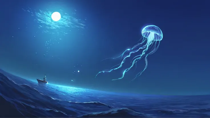 A jellyfish is floating in the ocean and staring at the moon
It's fantastic。
