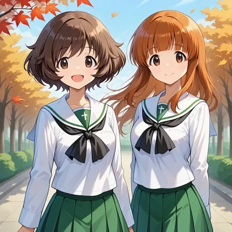  high res,  best quality,  Super Quality  ,  two girls、( Akiyama Yukari 、 brown beautiful hair、 short hair、 bouncing hair）、(Saori Takebe、smile,  beautiful brown eyes, Attractive brown eyes、 orange beautiful hair:1.3)、Uniform up、 ( Oarai school uniform :1.3...