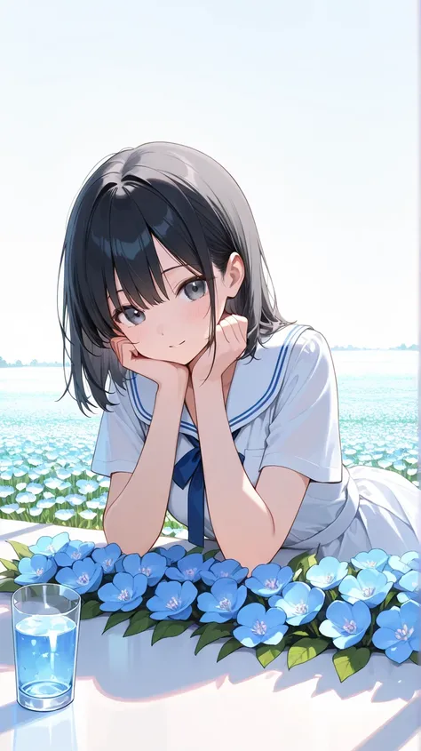   black hair, glass, Flower field in full bloom