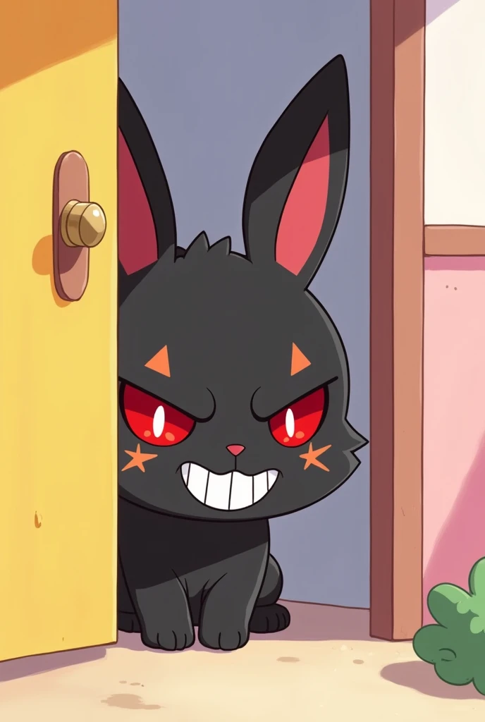 Create an image of an animated Kuromi peeking out of a door 