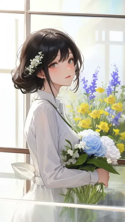   black hair, glass, Flower field in full bloom