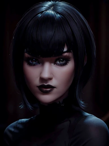 Realistic image of Mavis ,  black hair , bobcut,  blue eyes ,  pretty face ,  Slender Body Breasts , mischievous and curious look,  tight black dress ,  dark makeup, gloomy environment, hotel tenebroso transilvanya