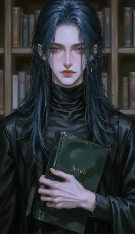  There is a beautiful man .  He's wearing a black cape with a black shirt. He is wearing black pants.  His hair is a deep sea color. His hairstyle is long hair.  He has a thick book in his arms. He's expressionless.  His eyes are blue. He's in the library ...