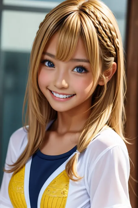 one girl, (((smile)))、School Swimsuit、Beautiful breasts、 Brown eyes, ((Gal Hairstyles)) blonde, girl, (Eye and facial details:1.0), break, (masterpiece, Highest quality, Very detailed, Detailed face, 8k)