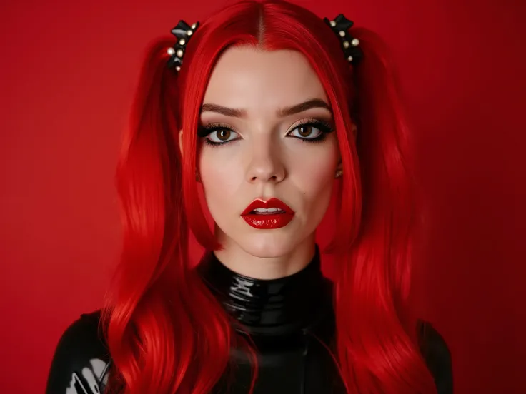 Beautiful girl, red lip gloss, eyeliner flicks, red lip gloss, sexy, full body fetish latex rubber outfit, body oil, extreme make up, red hair in pigtails, dark red lip gloss, shiny lips, reflective lips, smile