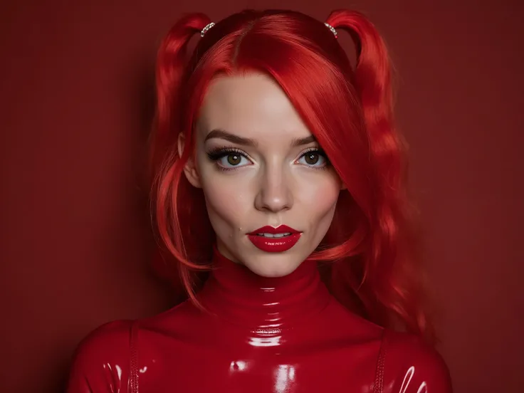 Beautiful girl, red lip gloss, eyeliner flicks, red lip gloss, sexy, full body fetish latex rubber outfit, body oil, extreme make up, red hair in pigtails, dark red lip gloss, shiny lips, reflective lips, smile