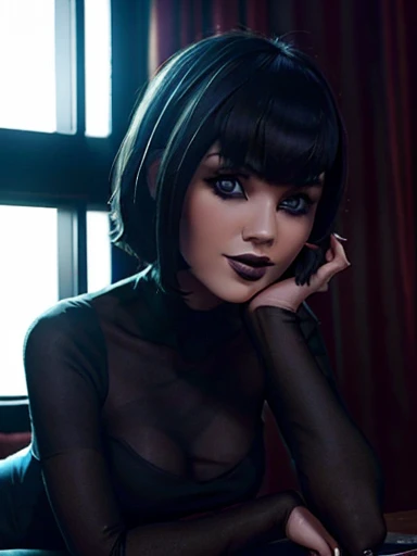 Realistic image of Mavis ,  black hair , bobcut,  blue eyes ,  pretty face  ,  Slender Body Breasts , mischievous and curious look,  tight black dress  ,  dark makeup, Hotel Transylvania, backlighting  , 