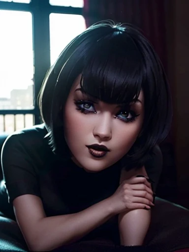 Realistic image of Mavis ,  black hair , bobcut,  blue eyes ,  pretty face  ,  Slender Body Breasts , mischievous and curious look,  tight black dress  ,  dark makeup, Hotel Transylvania, backlighting  , 