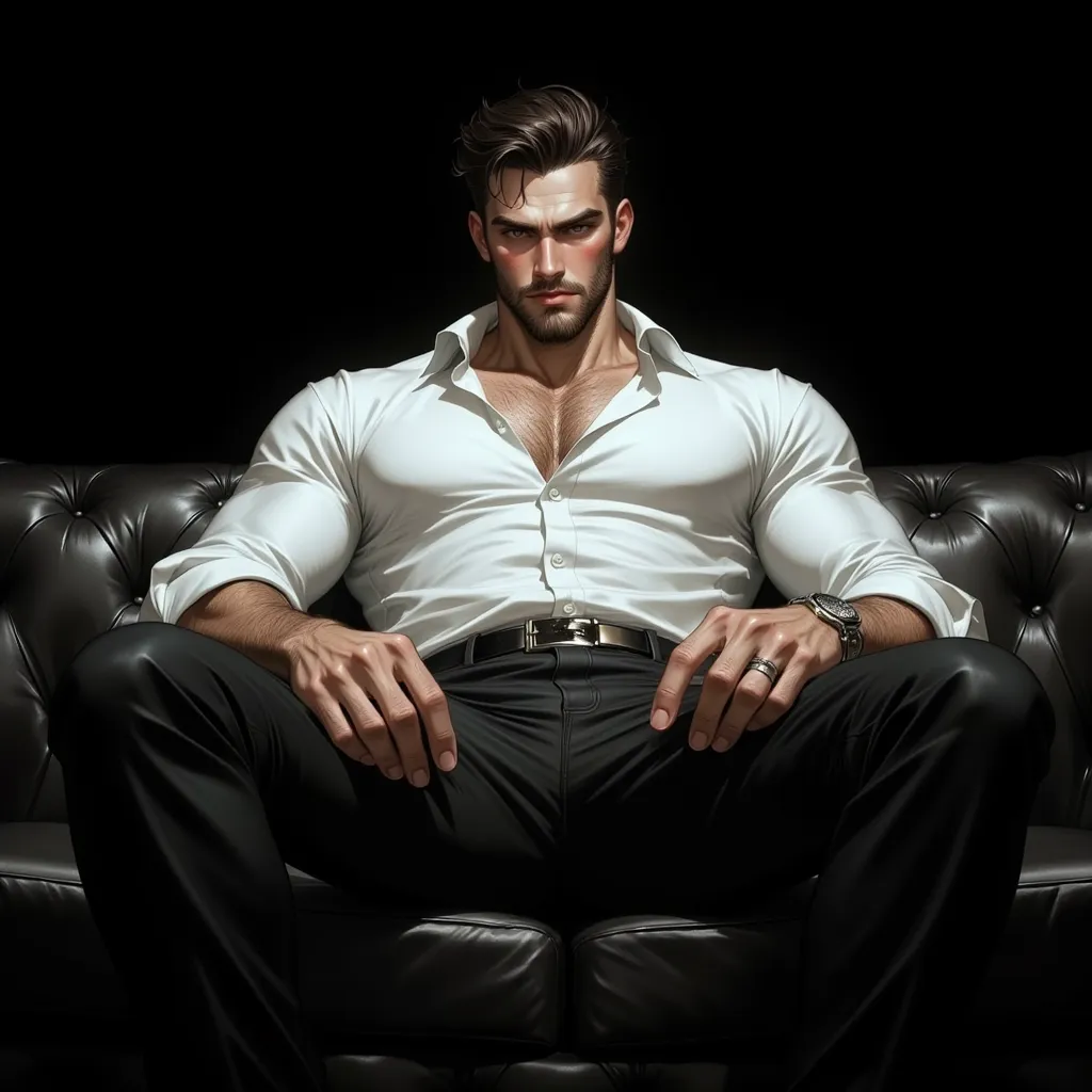 A 30-year-old young man, a mafia mogul with a handsome appearance., Swollen body ,  sharp brown eyes , Yellow-white skin , Dark Handsome  . He's wearing a white shirt.,  Black Jeans,  sitting on the couch ,  black background ,  short haircut .