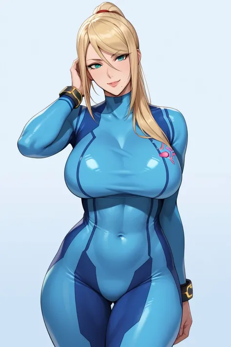 Natural Breast, 
Dimly Lit,
(Zero suit samus) samus aran, (massive boobs), serous, (bodysuit),  curvy body, voluptuous,  white plain background, grabing her own boobs,  front view, looking her boobs, happy smiling, hand in hair, white plain background, glo...