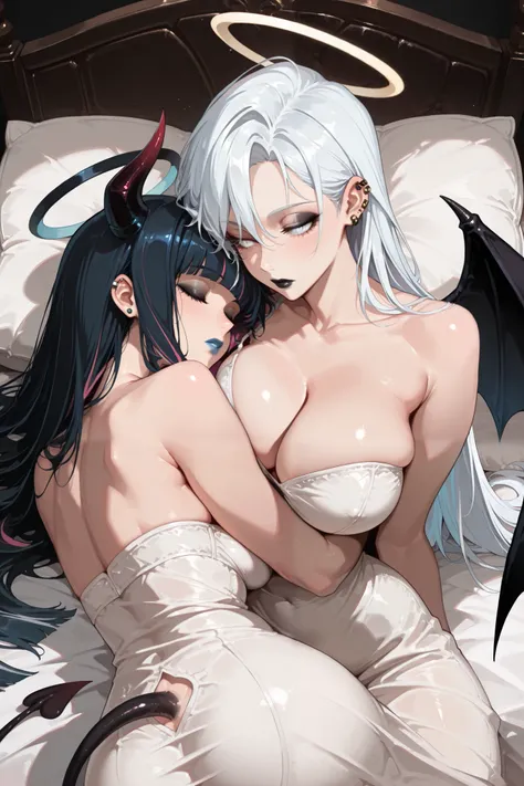 masterwork, masterpiece, best quality, luxury bedroom sleeping, mattress, silk sheets, pillows, cozy light, 1girl, angel, 1man, demon, red/white/skin, demon tail, black/white hair, gold eyes, white eyes, detailed face, demon horns, demon wings, angel wings...