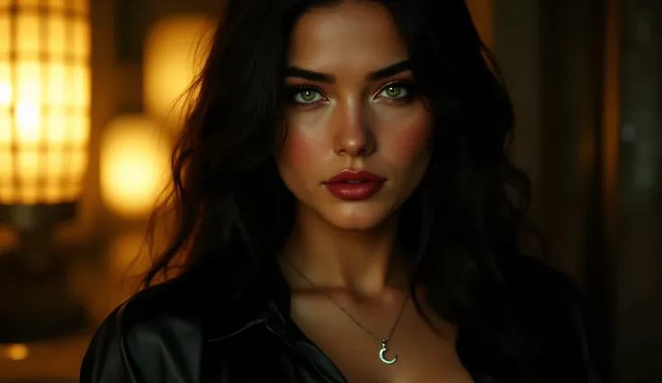 Close-up of a voluptuous woman with long wavy black hair and intense green eyes full of mystery. Her warm golden-brown skin is highlighted by soft lantern light. A silver crescent moon pendant hangs around her neck. She wears a dark silk blouse that accent...