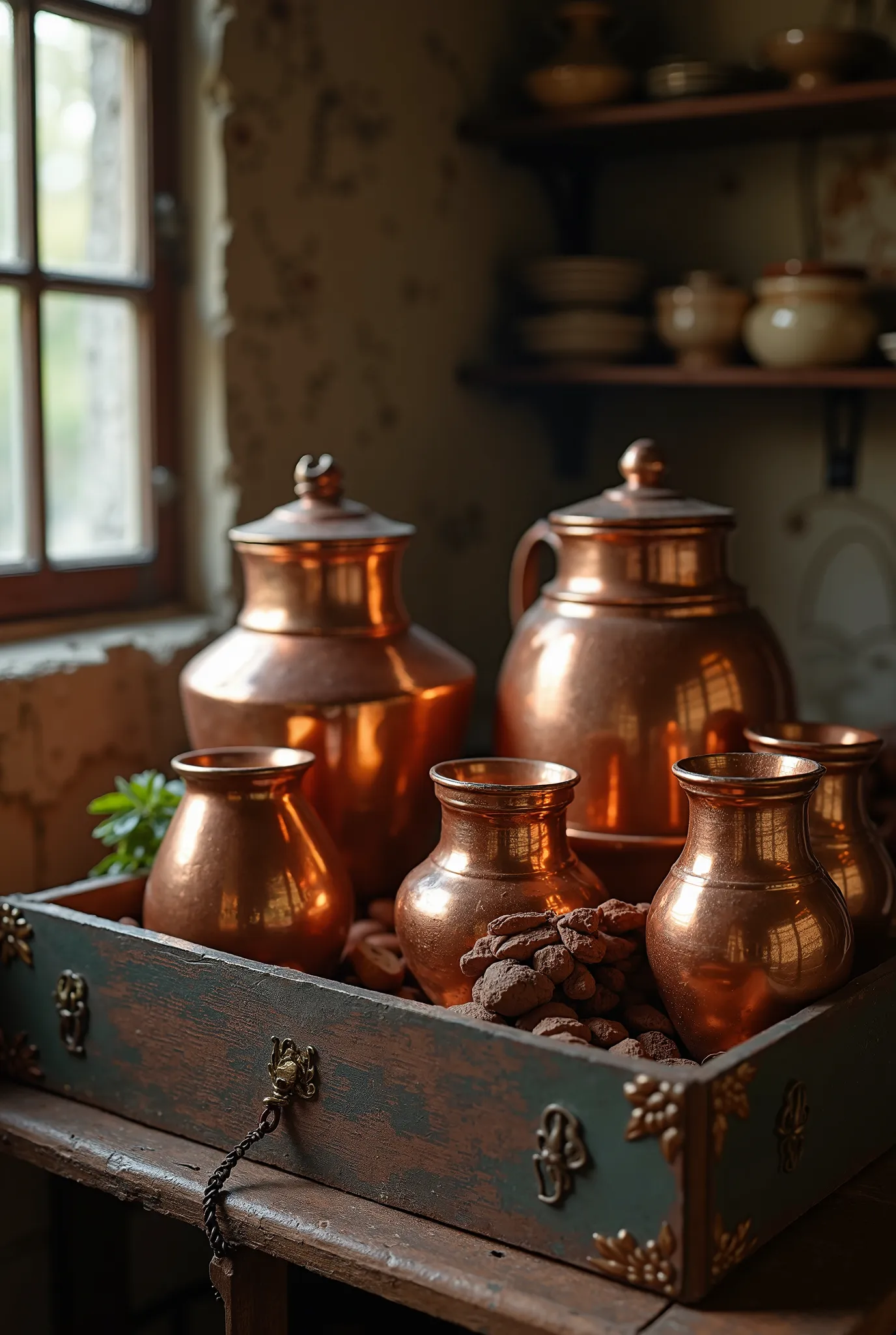 Best quality, high resolution, : 1. 2, highly detailed, realistic : 1. 37 realistic works of art, clear atmosphere, bright lighting, rich materials, bright colors, intricate details, of a group of copper dishes on an old box with copper jars and cups next ...