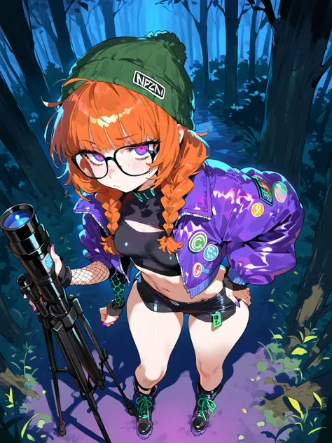 (masterpiece, best quality, amazing quality, very aesthetic), \(rocks, forest, night\), 1girl, solo, \(orange hair, purple eyes, Messy Twin Braids with Curtain Bangs hairstyle, glasses, freckles, small breasts, black Crop Top, Boots, Cyber Goth Arm Warmers...