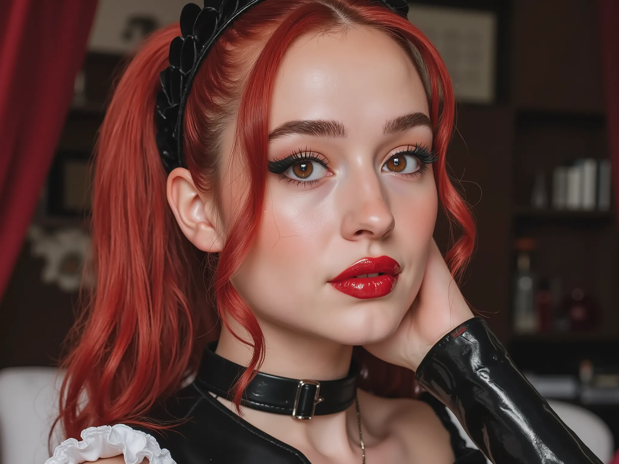 Beautiful maid, red lip gloss, thick eyeliner flicks, red lip gloss, sexy, latex maid outfit, body oil, extreme make up, red hair in pigtails, dark red lip gloss, shiny lips, reflective lips