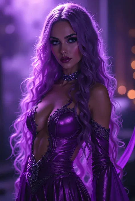 A seductive, powerful, and indulgent woman with supernatural beauty. She stands at 1.70 to 1.75 meters tall, with deep, penetrating purple eyes that shimmer with an ethereal glow. Her lips are full, well-defined, and a deep shade of ruby, exuding sensualit...