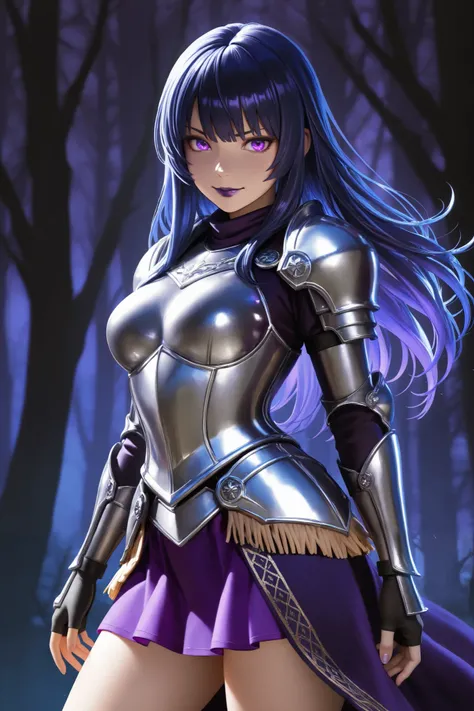 1 ,     alone,     Masterpiece,     fringe ,    ultra realistic, silky hair,    dark blue hair , a fringe  ,  a demonic warrior , a silver armor,  purple skirt,  black fingerless gloves ,  some purple ones,  bright purple eyes ,  purple lipstick,   medium ...