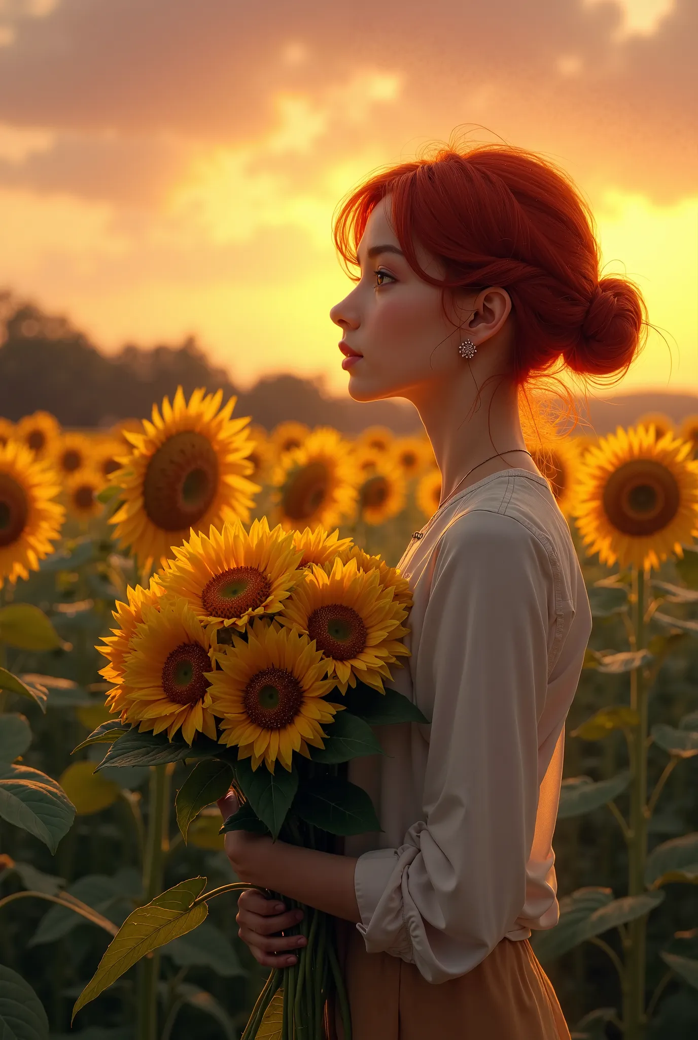 A young redhead with a bun in her hair on a sunflower plantation, She from the side holding a bouquet of sunflower flowers in her hands and smelling the flowers, On a melancholic evening 