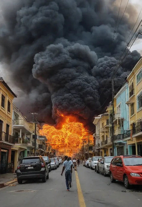 Bola de Fogo Caindo do Céu Sobre a Cidade 🌍🔥
Descrição:  An immense fireball ripping through the sky and destroying houses and streets.  people running in despair.