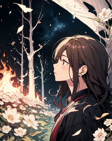 sideview+,Alone,( looks away:1.3),( wariza:1.3),Crimson :1. Three Dead Forests , cute face , Grimm's Fairy Tales ,  expression of hopelessness, Brown Wavy Hair ,(amount),( Fire Blossoms Hill ),  Find Mysterious Glowing Flowers, Into the Fire , Black Backgr...