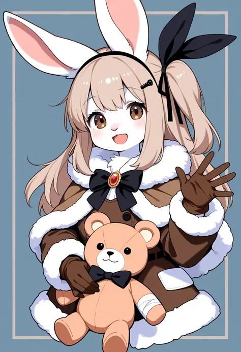 1girl, (furry, kemono:1.4), rabbit girl, animal nose, rabbit ears, one side up, stuffed animal, long hair, smile, stuffed toy, solo, brown eyes, open mouth, looking at viewer, teddy bear, gloves, brooch, black ribbon, fur trim, light brown hair, bandages, ...