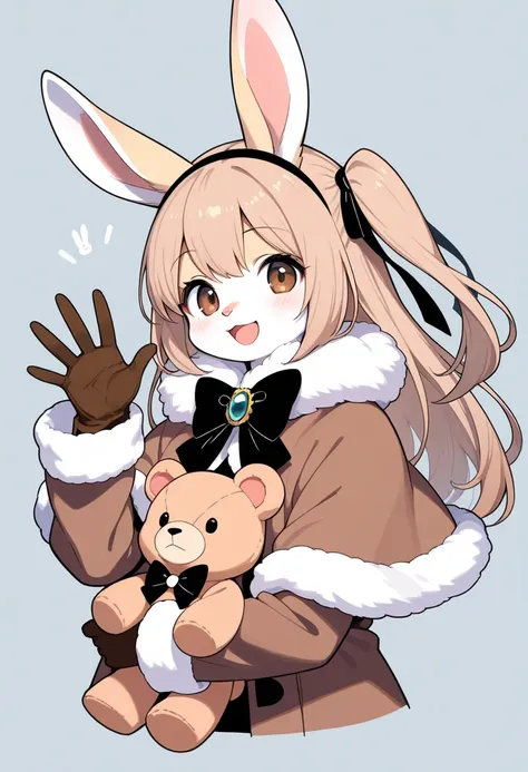 1girl, (furry, kemono:1.4), rabbit girl, animal nose, rabbit ears, one side up, stuffed animal, long hair, smile, stuffed toy, solo, brown eyes, open mouth, looking at viewer, teddy bear, gloves, brooch, black ribbon, fur trim, light brown hair, bandages, ...