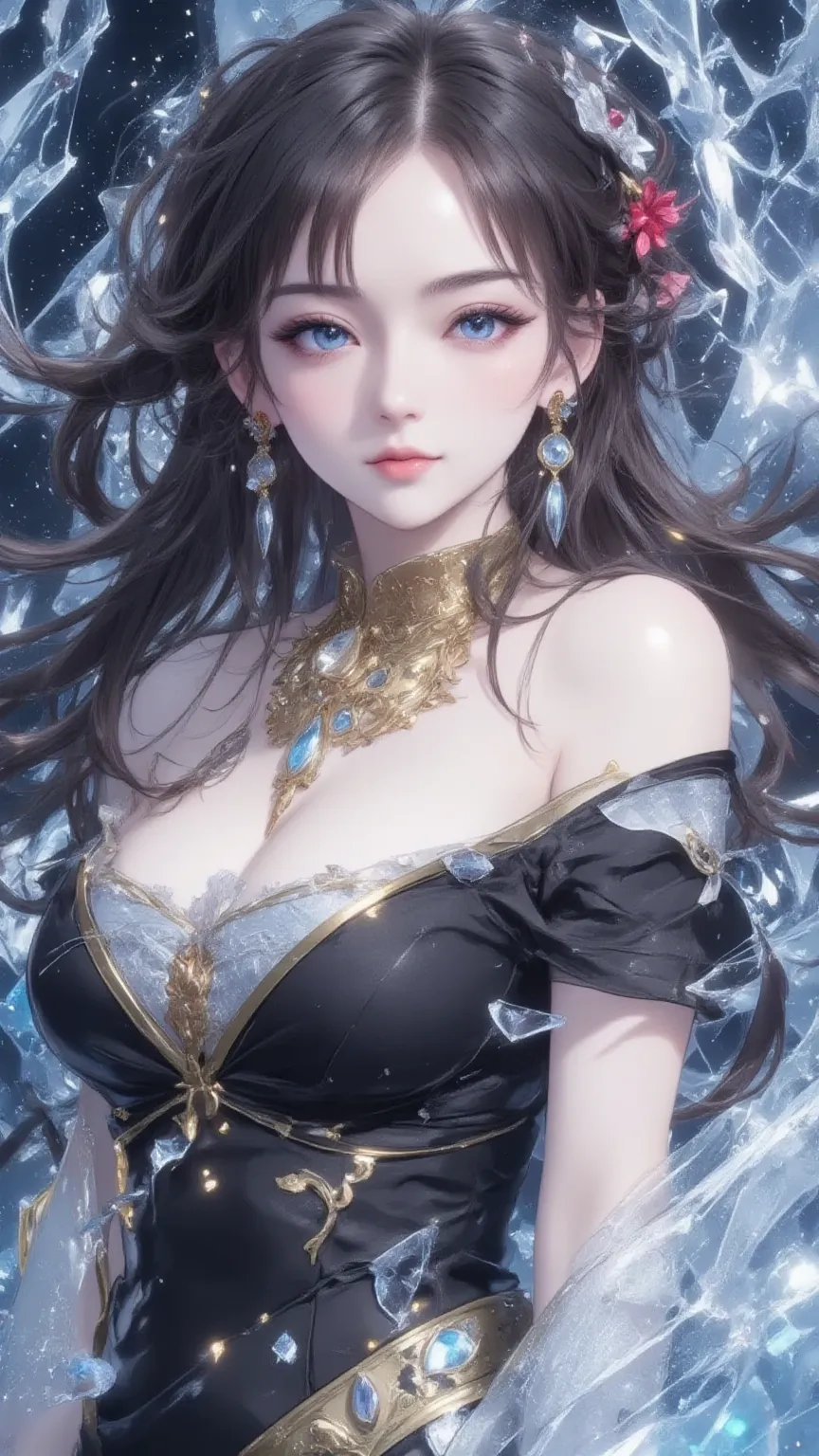 Ice crystal background， is very detailed, Exquisite artistic special effects， A Japanese Woman ， Liu Hai Long Haired ,  Delicate Cheeks ，Light makeup，Chest, jewelry,  Wearing a Black Dress ，Ice Crystal Art ， Exquisite Styling，