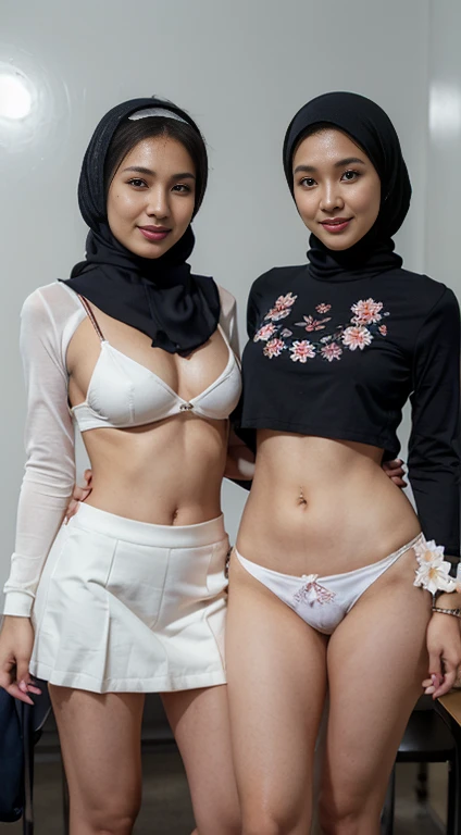 indonesia women and her friend, lesbian 2 women, hijab, blue color hijab, high resolution, nier (series), nier automata, peach lips, shadow face, hijab, whole body and legs, at the college class room, talking with student, crowded student, horny smile, nsf...