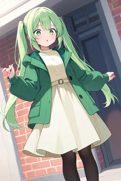 A cute girl (30s) who loves traveling and frog.
Her hair is in mint green twin tails.
She is wide-eyed and amazed.
She is wearing a casual long skirt for winter wear.
She always wears black tights.
A subculture girl.