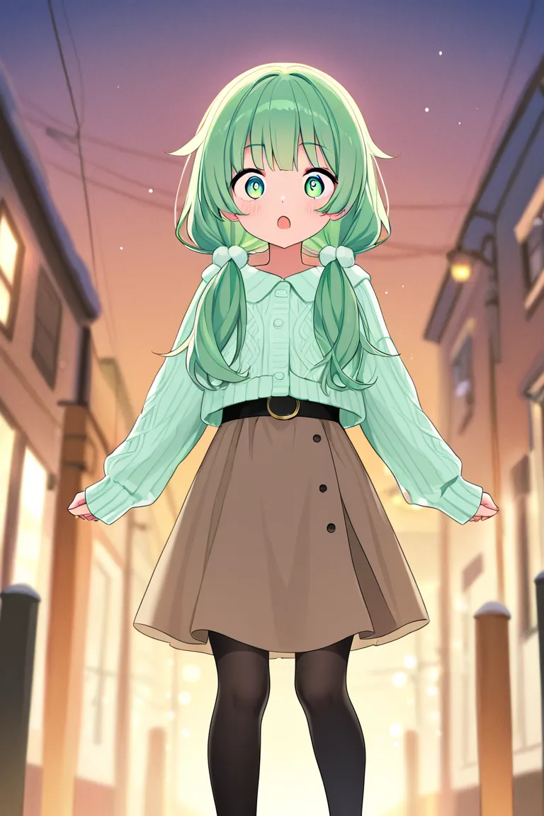 A cute girl (30s) who loves traveling and frog.
Her hair is in mint green twin tails.
She is wide-eyed and amazed.
She is wearing a casual long skirt for winter wear.
She always wears black tights.
A subculture girl.