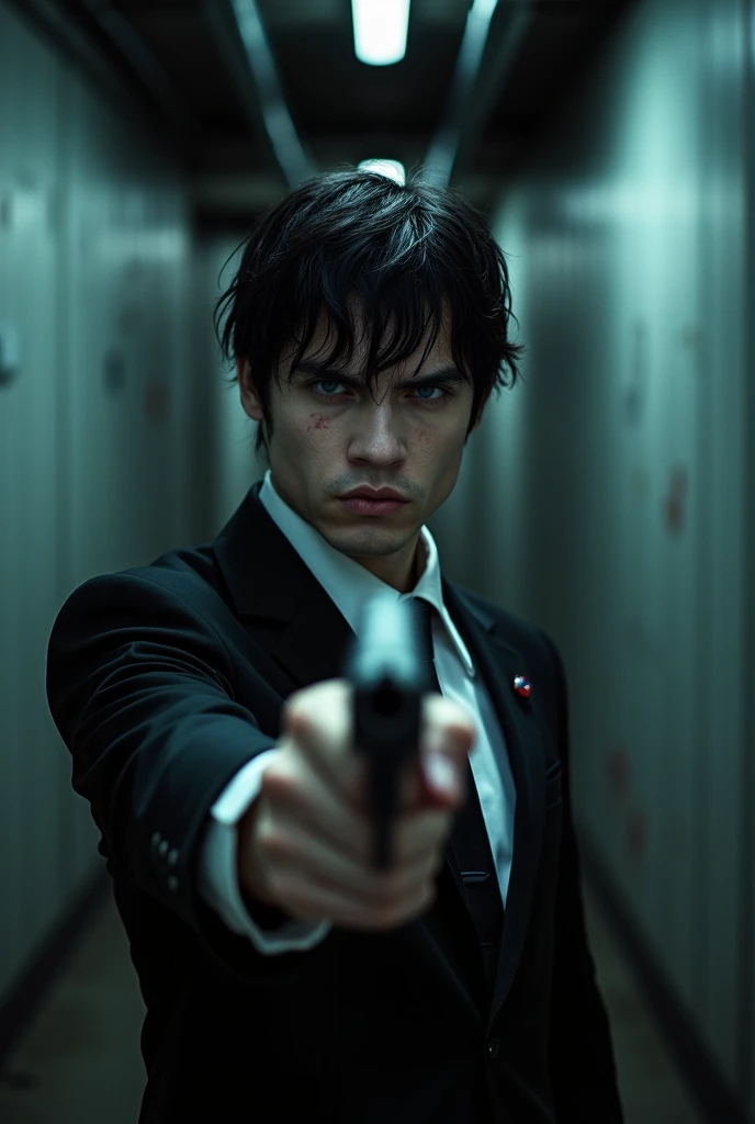 A blue-eyed, crazy black hair, pale skin, black and white suit, his suit has spots of blood on it, 28 year old man pointing a gun at the camera, serious face, sharp facial features, determined, a killer, realistic face, photorealistic, high quality, high r...