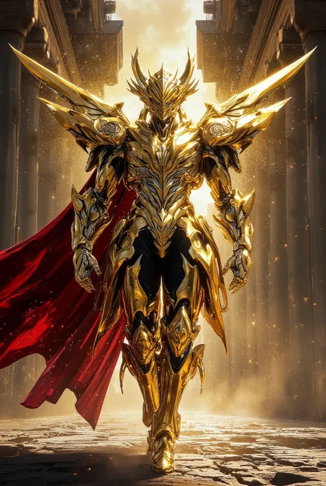 " Close-up of a warrior in armor ,  majestic full-body knight ,  Seiya of Pegasus in her resplendent golden armor ,  divine cosmic knight , heavenly warrior,  extremely detailed concept art , Seiya radiating an intense golden glow as she majestically walks...