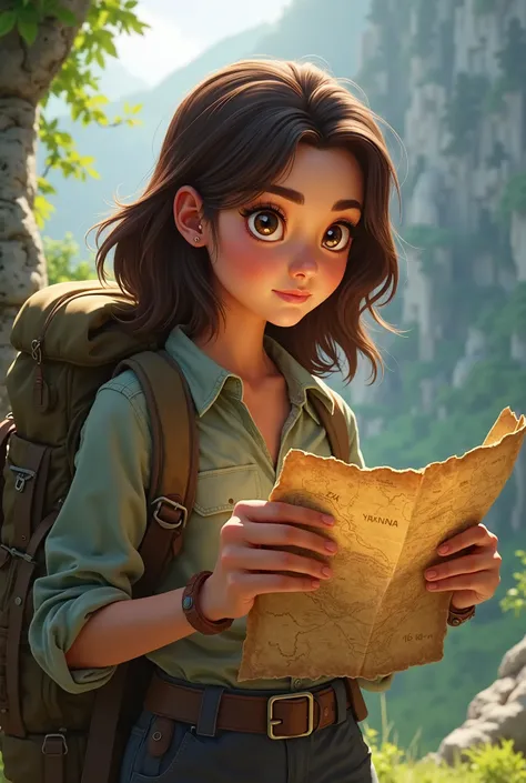 Ana looking at an old map next to her backpack.