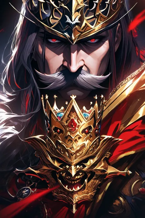 "A dramatic close-up portrait of Vlad the Impaler—sharp mustache, long dark hair, and piercing eyes. He wears a richly decorated red and gold robe with a metallic Wallachian crown. The background is dark and stormy, evoking a sense of dread and power."