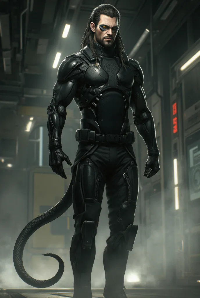 Sci-Fi, Cyberpunk, One tall strong man with big long tail, features of a snake. features of a demon. features of a naga, space, Lots of long blacks Braids, futuristic tight black jumpsuit. spaceship, pale skin, yellow snake eyes, human face, 2D, anime, mat...