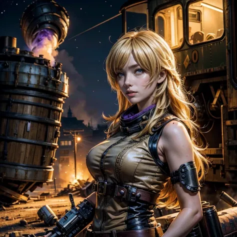 yangxiaolong, yang xiao long, long hair, blonde hair, large breasts, (purple eyes:1.3), ahoge, bangs, BREAK smiling, wearing military combat clothing, sleeveless, mechanical arms, single mechanical arm, prosthesis, prosthetic arm, concerned expression BREA...